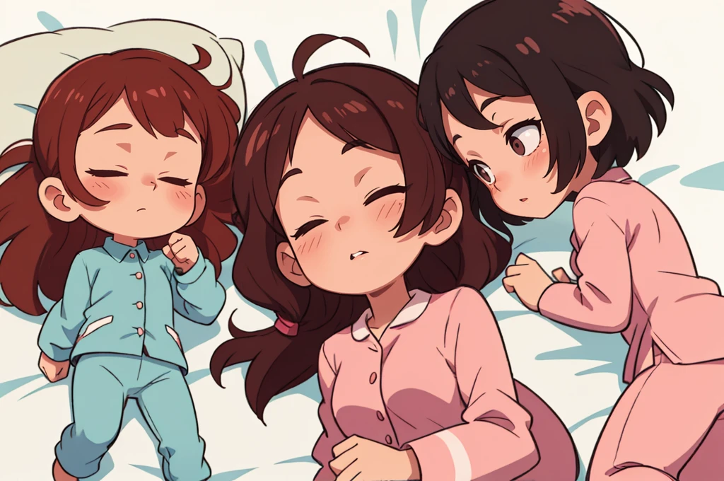 Dakimakura with a cute brown haired girl with white and pink pajamas sleeps on a white mattress lies lying on the front and back side