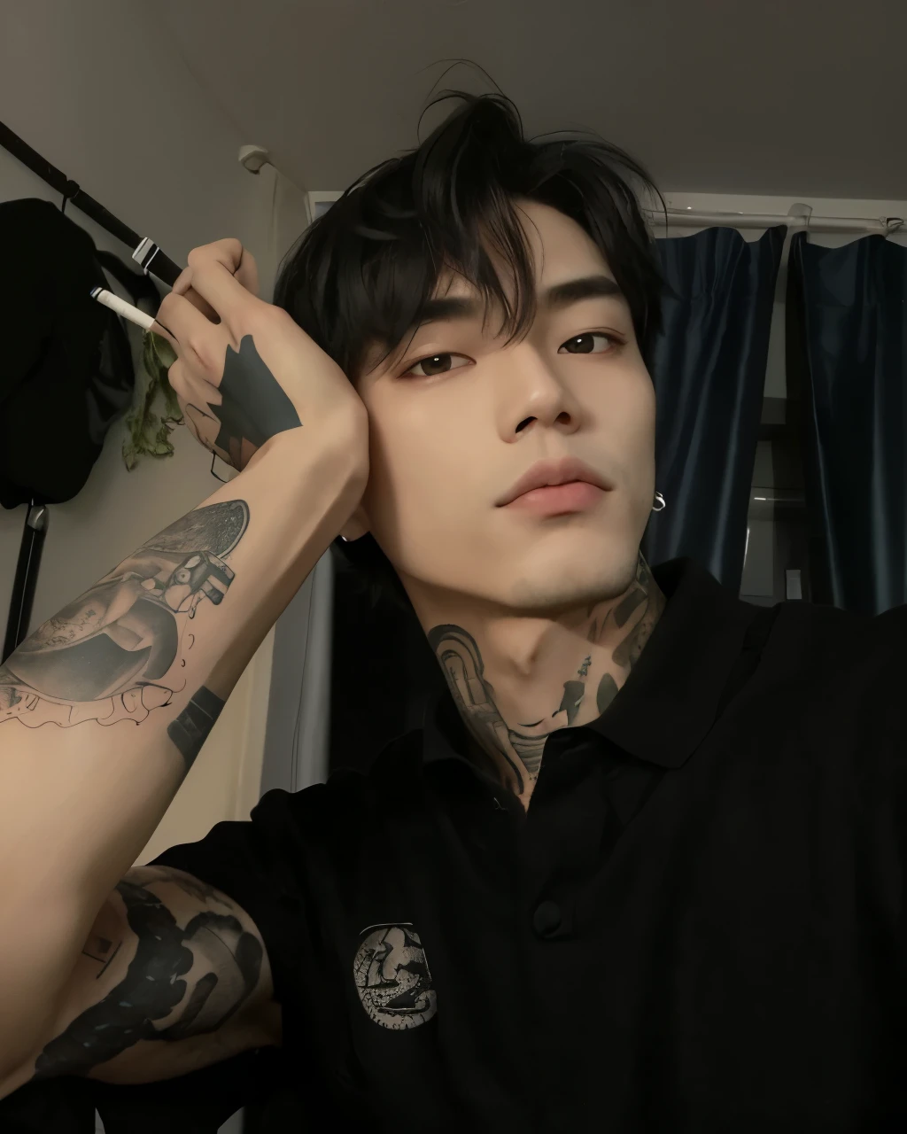 fit man with a tattoo on his arm and a cigarette in his hand, Kim Doyoung, imagem de perfil, pintar ulzzang, cute japanese demon boy, kanliu666, Hong junho hyung, hyung tae, Jung Jaehyun, Jungkook, inspirado em Gang Se-hwang, cai xukun, headshot imagem de perfilture, taejune kim, tatuado