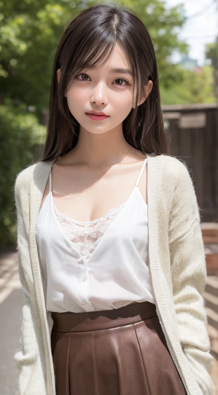 smile、night、Raw photo、(((ultimate beauty portrait)))、((glowing skin))、1 girl、15 year old beautiful girl from Prague、bright look、((brown hair))、(cleavage)、(flare skirt:1.5)、((Big eyes that shine like jewels))、black open cardigan、open your clothes、pantyhose、Glossy and glossy skin、(long hair)、(silky ponytail hair)、(standing)、(from below)、under the skirt、(from below下着の接写)、eyeliner、beautiful bangs、hair between eyes、((masterpiece、最high quality、super detailed、film light、intricate details、High resolution、very detailed))、detailed background、8KUHD、Digital single-lens reflex camera、soft light、high quality、film grain、Fujifilm XT3 、shallow depth of field、natural soft light、Kamimei、rich bust