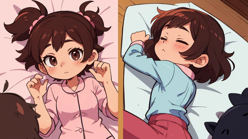 Dakimakura with one cute girl brown hair with white and pink pajamas sleeps on a white mattress lies lying on the front and back side