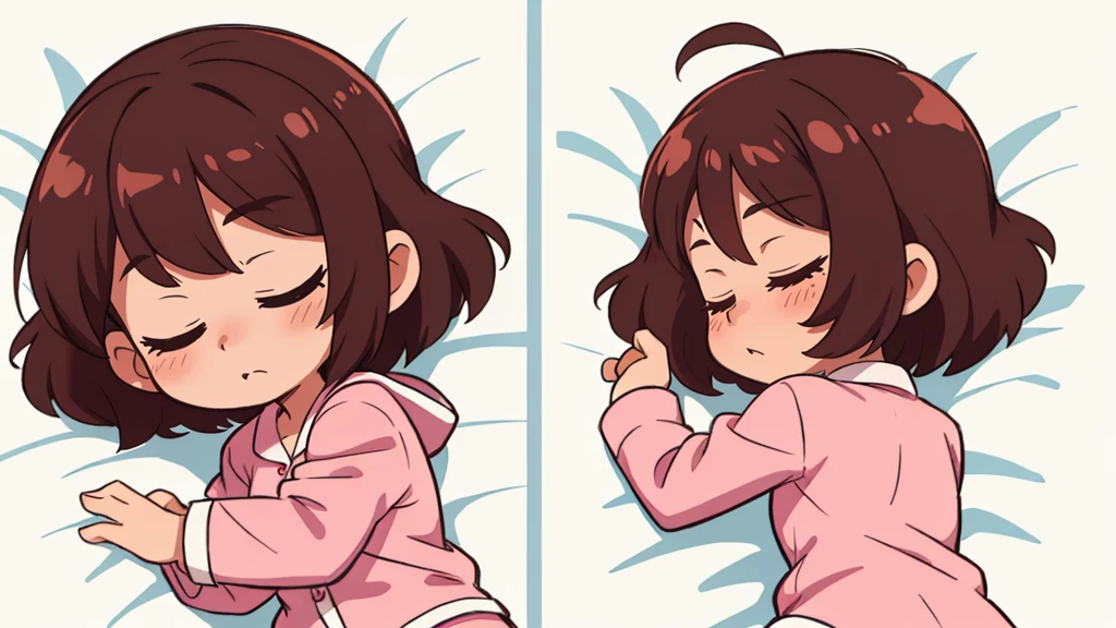 Dakimakura with one cute girl brown hair with white and pink pajamas sleeps on a white mattress lies lying on the front and back side