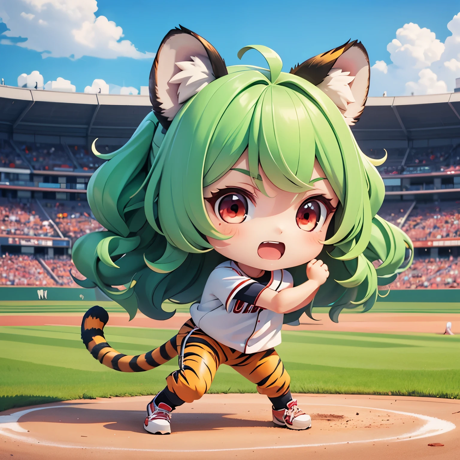 ((chibi:1.5)), (masterpiece), (best quality), high resolution, ultra detail, photorealistic, 8K
BREAK
1 girl, solo, (long wavy hair, green hair, big red eyes, tiger ears, tiger tail)
BREAK
female baseball player, baseball uniform, white shirt, Pitching, Throwing a ball, playing baseball, baseball game, dynamic pose, serious, baseball Ground