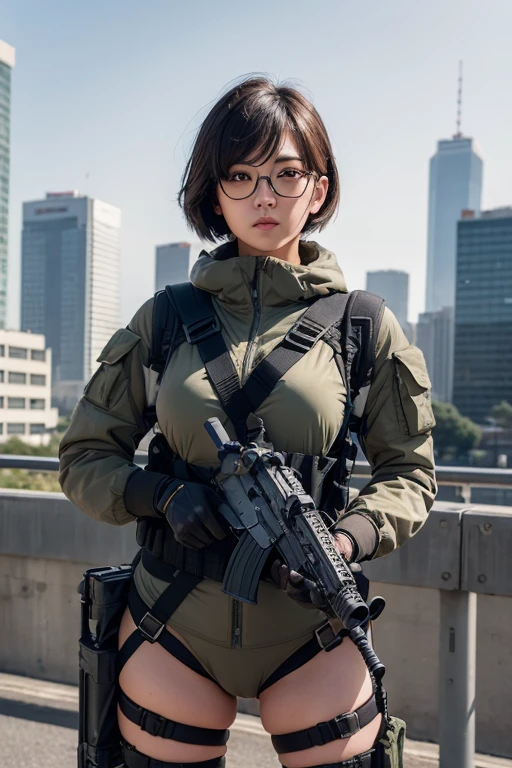 ((best quality)), (top quality)), (masterpiece), photorealistic, photorealism 16K, (16K), 1girl full body, in a combat pose, aiming an MP5 sub-rifle, South Korean city street background, bob haircut, ((Fully Naked)), Highly Detailed, Photorealistic, High Resolution, Defined Muscles, Detailed Face, Looking directly at the camera, Wearing a shirt, gloves, and gray mecha, Round glasses perched on the bridge of her nose, Military harness strapped across her shoulders, Fingers concealed by the rifle grip.