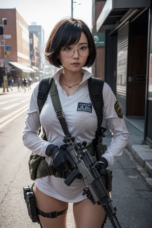 ((best quality)), (top quality)), (masterpiece), photorealistic, photorealism 16K, (16K), 1girl full body, in a combat pose, aiming an MP5 sub-rifle, South Korean city street background, bob haircut, ((Fully Naked)), Highly Detailed, Photorealistic, High Resolution, Defined Muscles, Detailed Face, Looking directly at the camera, Wearing a shirt, gloves, and gray mecha, Round glasses perched on the bridge of her nose, Military harness strapped across her shoulders, Fingers concealed by the rifle grip.