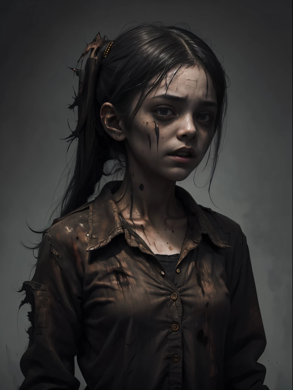 A haunting portrait of a school girl with a face that reflects the horrors of the undead, zombie, empty eyes, Focus on realism and intricate details to capture the unsettling nature of her appearance. Depict her lifeless eyes, decaying skin, and disheveled school uniform in vivid and precise detail, using shading and textures to bring the image to life. Upper body shot