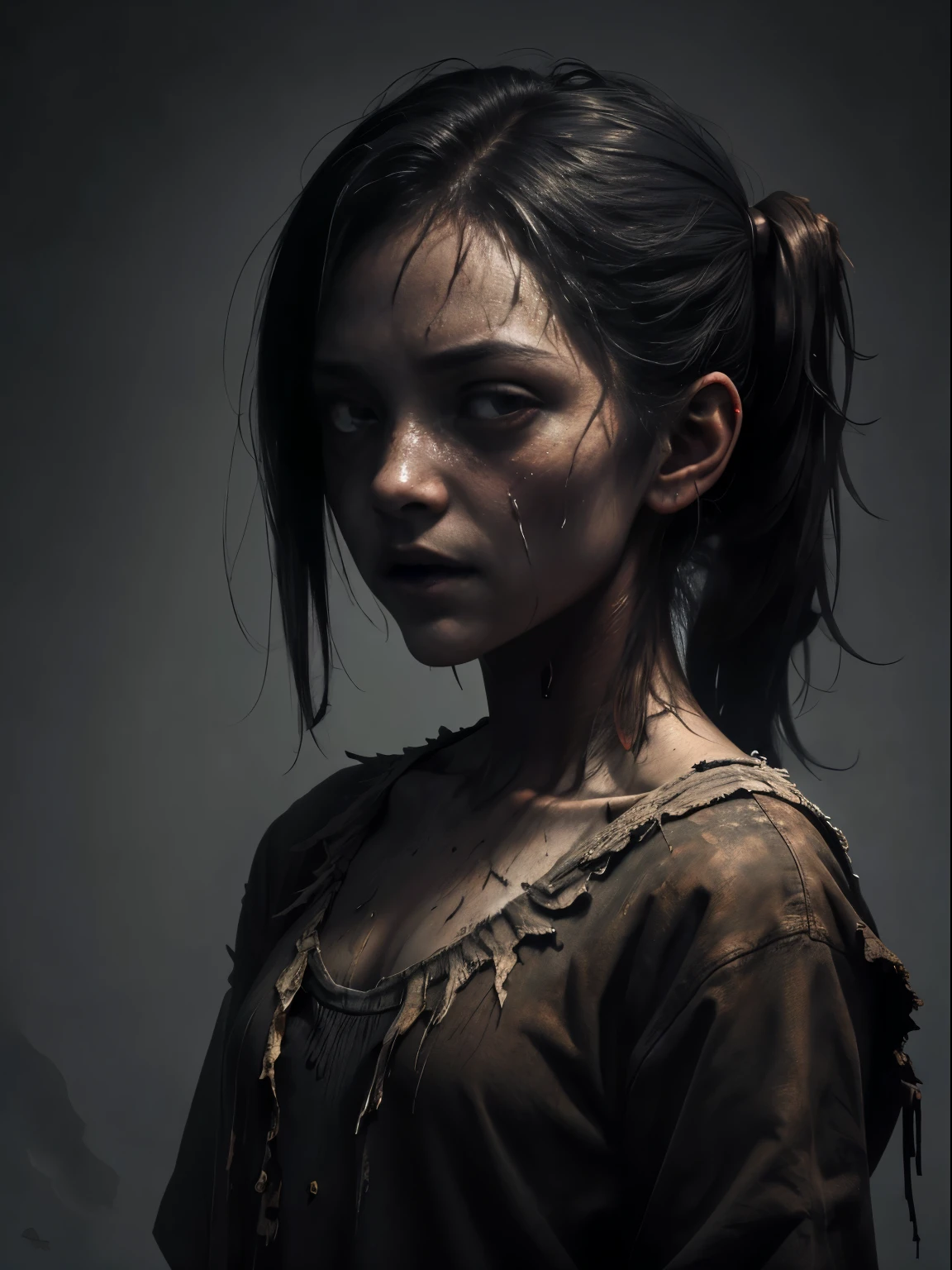 A haunting portrait of a school girl with a face that reflects the horrors of the undead, zombie, empty eyes, Focus on realism and intricate details to capture the unsettling nature of her appearance. Depict her lifeless eyes, decaying skin, and disheveled school uniform in vivid and precise detail, using shading and textures to bring the image to life. Upper body shot