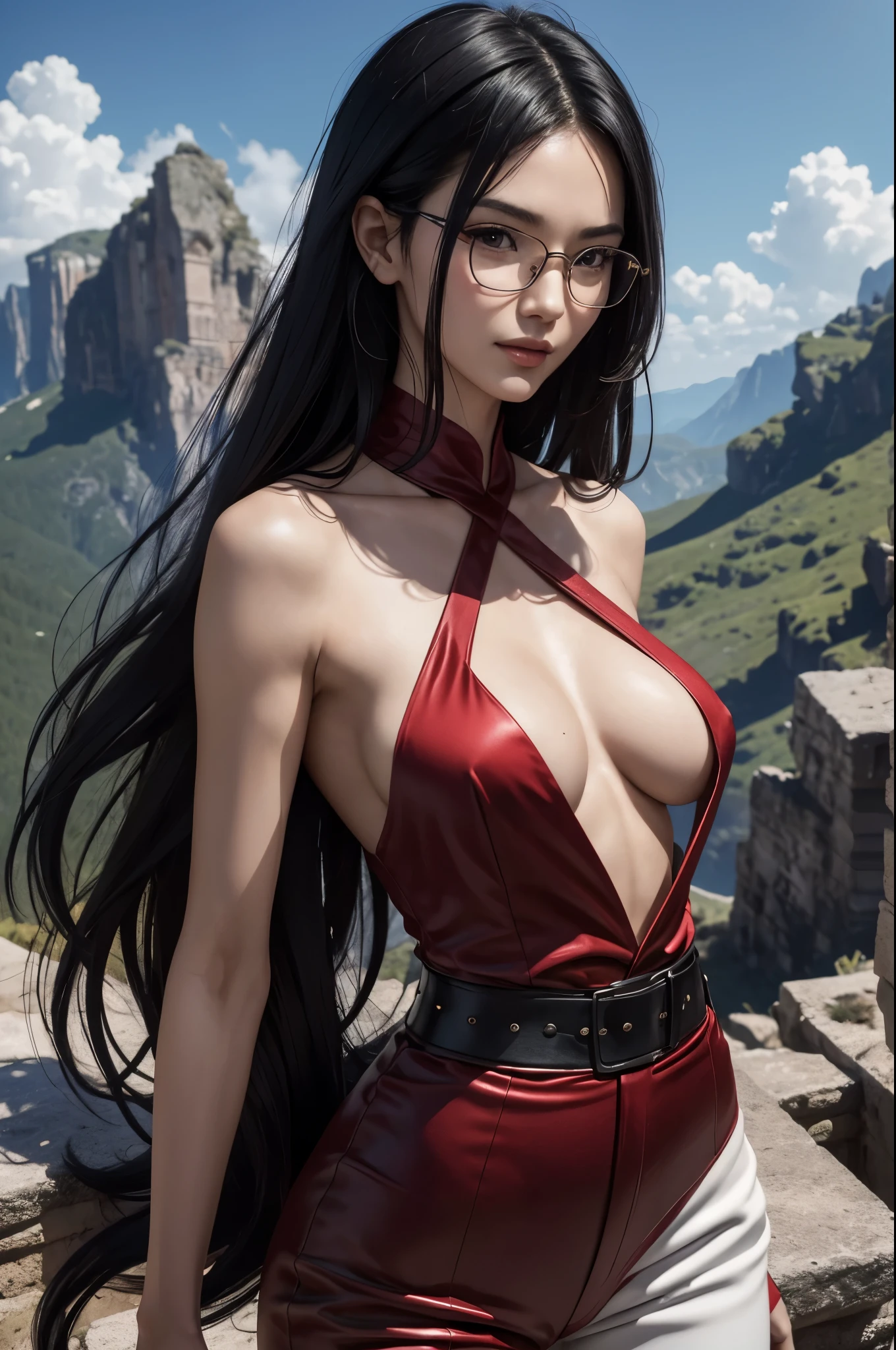 8K,very small breasts,美しいlong black hair,A slender woman wearing a luxurious red and black outfit is posing.,Super beautiful(Like the real thing) very small breasts, lean body muscles,skin that looks real,Thin glasses,long black hair,black eye,white pants,Demon Slayer with very small breasts,digital art, Angry gorgeous goddess, 20 years. model women, , Super high resolution,surreal,very small breasts,rugged appearance,fantasy art,character art,attractive,sexy with very small breasts,outside the ruins,in the mountains,Close-up,high quality,Sharpen your expressions with accurate facial details),smile,Close-up,red luxury blouse,White slacks,