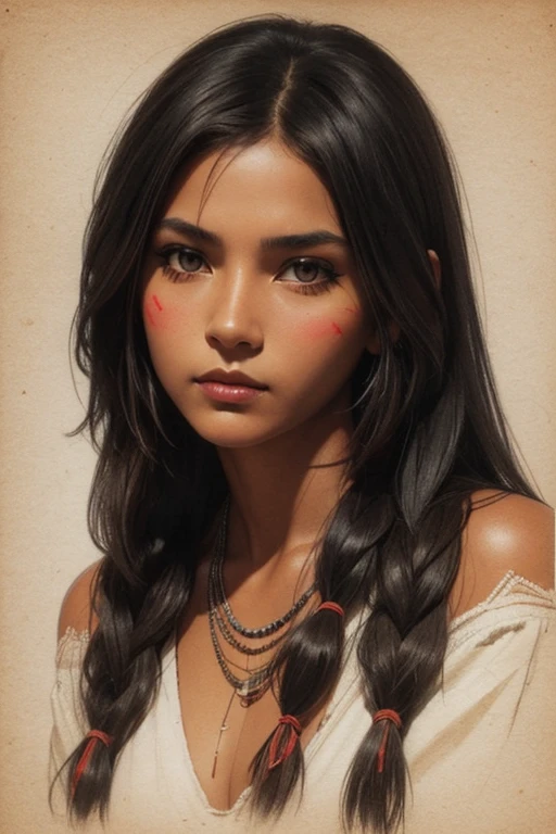 half figure Rough color pencil sketch on old cracked paper, a perfect native american girl, cute , sexy, seductive, dark seductive make-up, chained, clean line art 