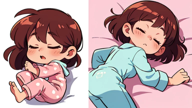 Dakimakura with one cute girl brown hair with white and pink pajamas sleeps on a white mattress lies lying on the front and back side