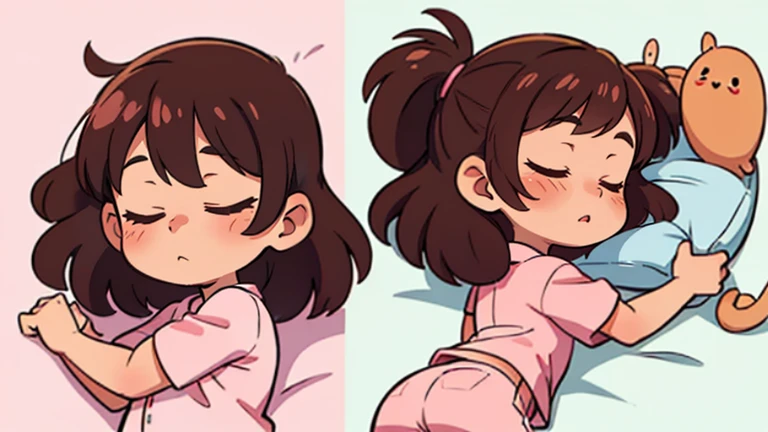 Dakimakura with one cute girl brown hair with white and pink pajamas sleeps on a white mattress lies lying on the front and back side
