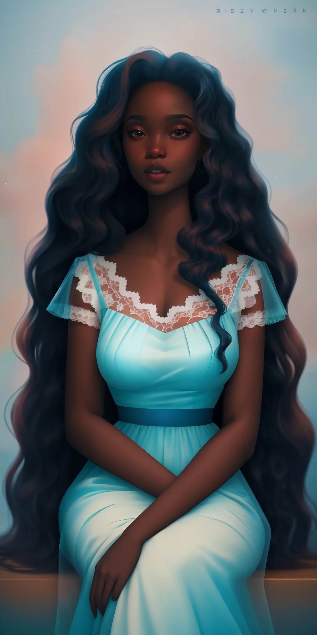 A Congolese black woman with rich dark brown skin, content expression, beautiful, 1woman, intricate detail, long wavy hair, beautiful fitted sheer lace blue dress, abstract accents in the background