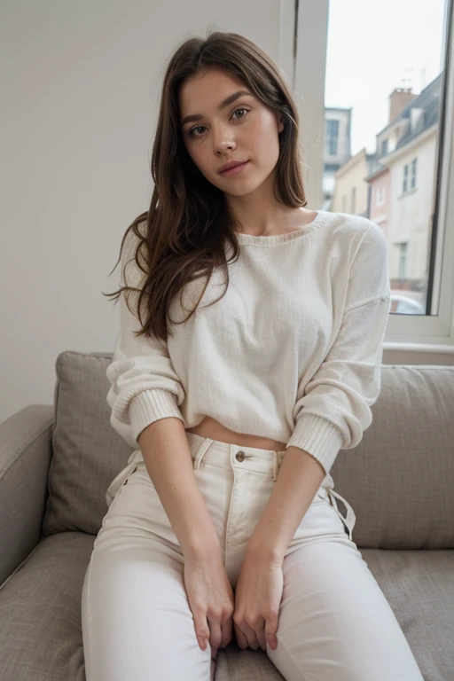 sexy brunette european woman, Large, Schlank und athletisch, portrait, seductive posture, sieht wie ein Modell aus, wearing a fluffy cream colored sweater, trinkt gerade aus einer Tasse Tee,