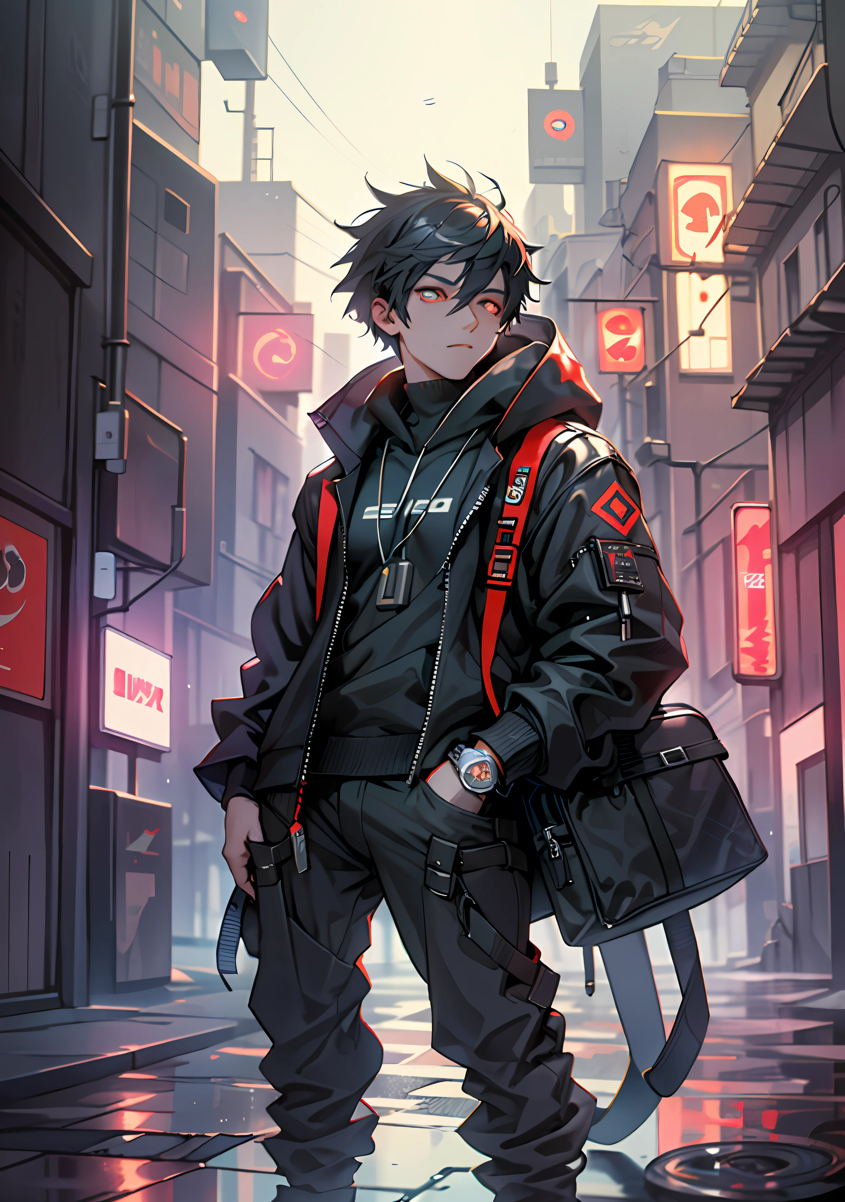 ultra-detail, high-resolution, A highly detailed, The best quality, superb, Top  Quality, Highly detailed CG module 8K rainy weather wallpaper, Lighting o,Development, Fanboy Cat, cyberpunk, Boy Shadows,Glowing red eyes full body