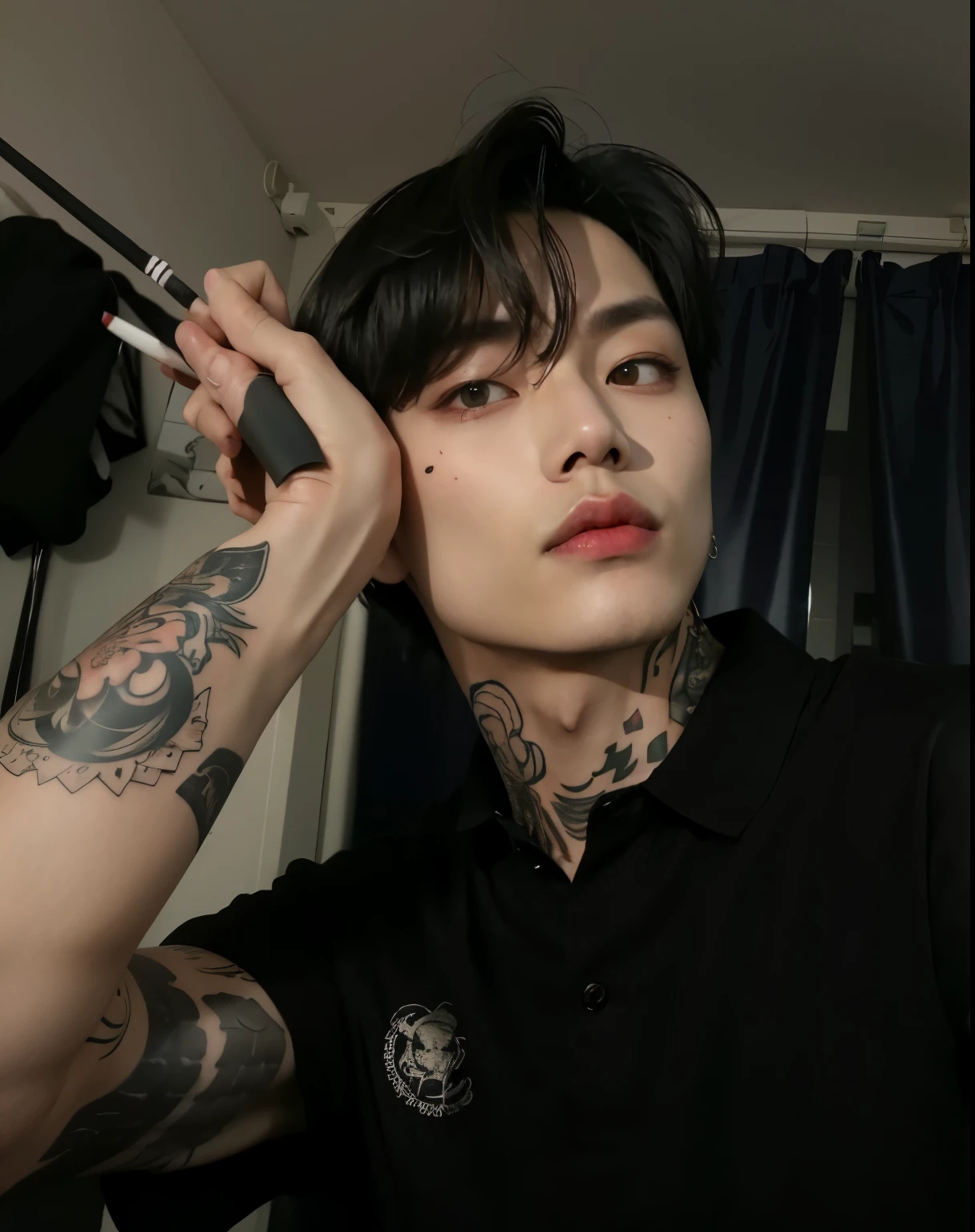 sharp man with a tattoo on his arm holding a cigarette, Korean Demon, homem sul-coreano, pintar ulzzang, inspirado em Kim taehyung, artista coreano, inspirado em taehyung, com tatuagens, com tatuagem, pale korean face