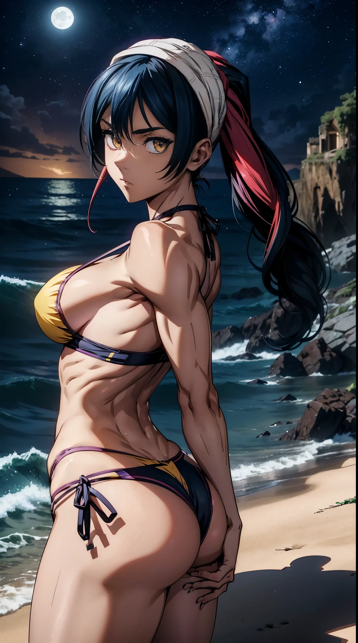 1 girl, (medium breasts))), (((wearing a short bikini))), (Magenta hair), (((bright yellow eyes))), make your arms thinner, (On the beach on a bloody night with starry sky and full moon), (slim waist), (((muscular legs))), muscular belly, Barefoot, (((She is looking down showing her big butt))), (full body photo), Are standing, (twin tails ), long term, Eye flares, Bad mood, anime, anime style, ray tracing, glare, cast a shadow, panorama, Sony FE, 8K, undisc, masterpiece, Accurate, anatomically correct, Super detailed, highest quality, ultra high resolution, undisc hard, 16k