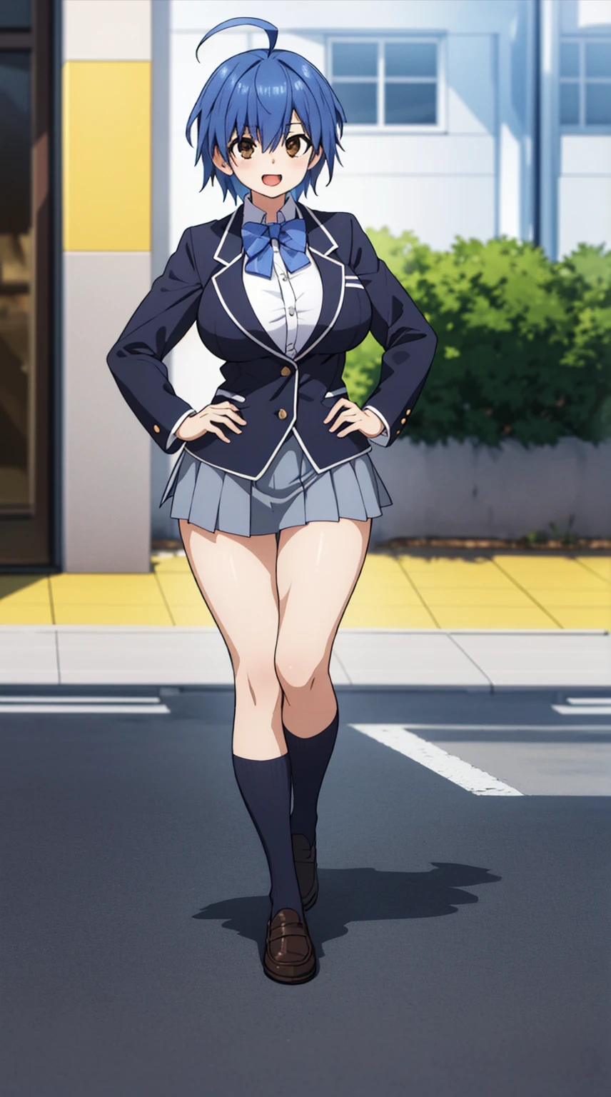 (Beautiful, Huge_Breasts), (Extremely short skirt:1.4), illustration of men gender change to women in school uniform, short hair, blue hair, blush, bangs, closed mouth, brown eyes, 

1 girl, 20yo,YOUNG female, Beautiful Finger, Beautiful long legs ,Beautiful body ,Beautiful Nose ,Beautiful character design, perfect eyes, perfect face,(Beautiful,Huge_Breasts:1.3)

an anime/cartoon character wearing a girls school uniform walking upright with straight posture and an open mouth, 1girl, solo, thigh-highs, ブレザー burezaa (Blazer), ahoge, long hair, white thighhighackground, hand on hip, full body, bow, school uniform, looking at viewer, bowtie, shoes, loafers, ribbon,

official art, extremely detailed CG unity 8k wallpaper, perfect lighting,Colorful, Bright_Front_face_Lightinasterpiece:1.0),(best_quality:1.0), ultra high res,4K,ultra-detailed,
photography, 8K, HDR, highres, absurdres:1.2, Kodak portra 400, film grain, blurry background, bokeh:1.2, lens flare, (vibrant_color:1.2)
, (beautiful_face:1.5),(narrow_waist), 