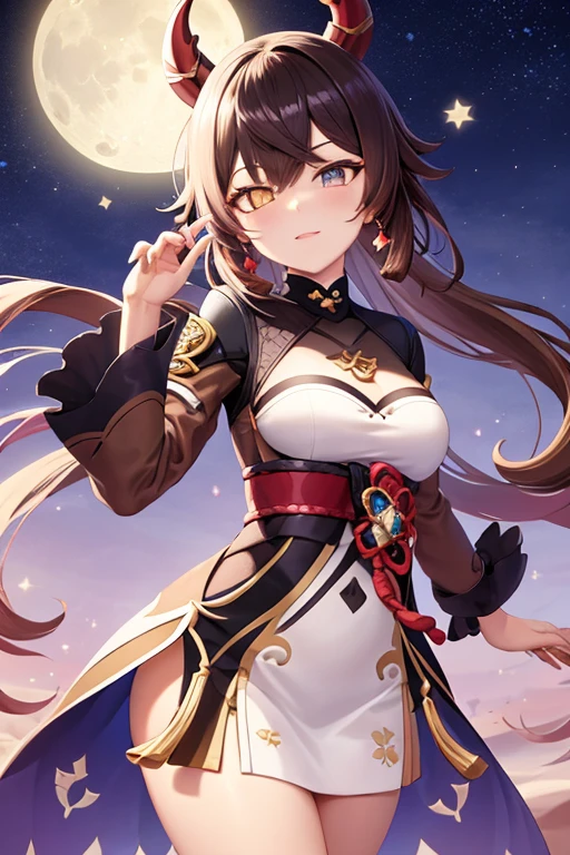 My genshin impact oc, brown hair, stars, moon, brown hair, desert outfit, black horns with pink outlines, hair covering 1 eye