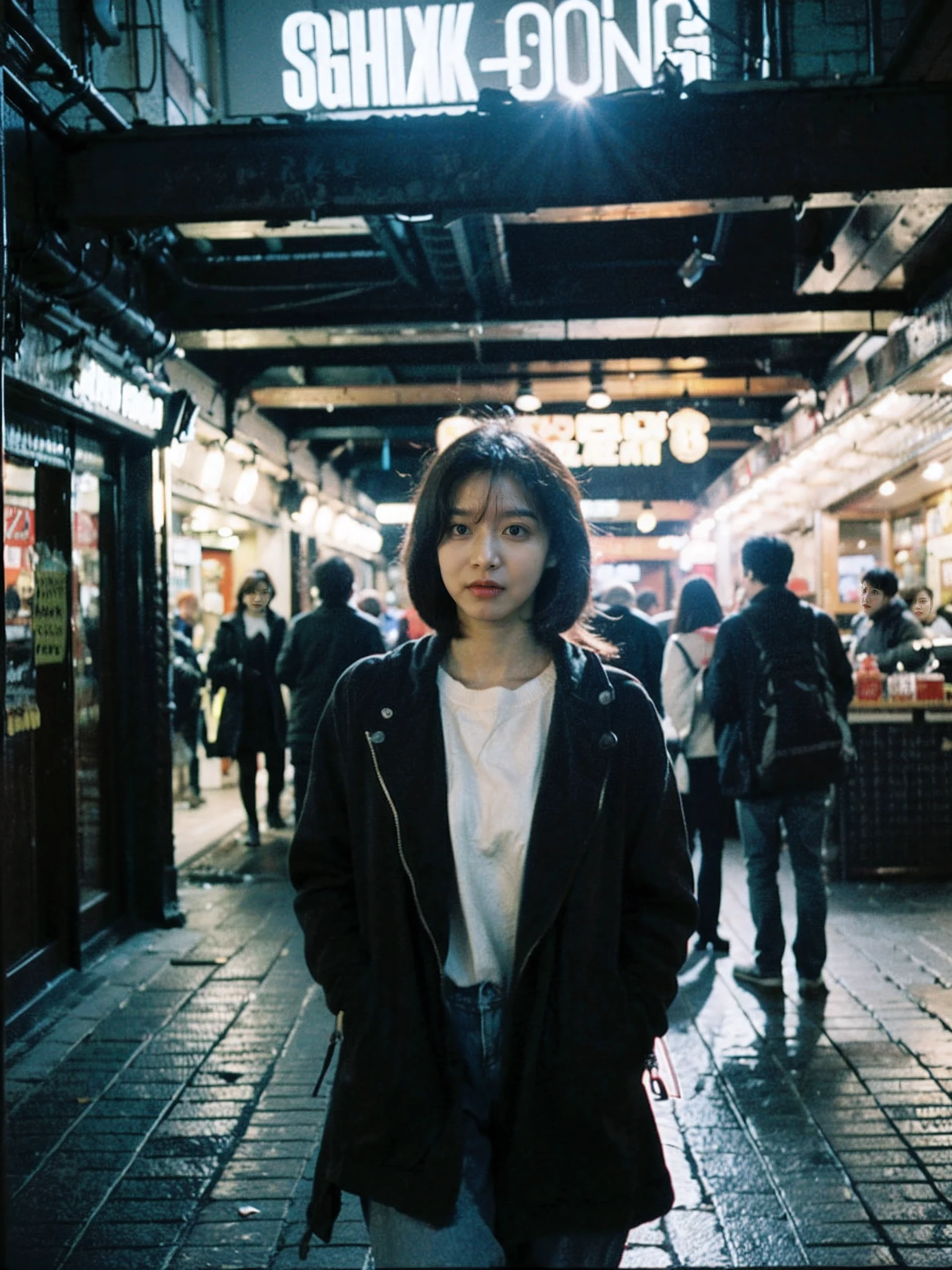 Picture a powerful, movie-like scene in a bustling city, where a girl stands amidst the chaos, yet seems completely composed and in control. The city around her is a whirlwind of activity, with people rushing by, cars honking, and neon signs flickering. She stands in sharp contrast to her surroundings, her calm demeanor and confident posture making her stand out in the crowd. The lighting is dramatic, with the play of light and shadow accentuating her presence. This scene captures the essence of a strong, independent character in a modern urban setting, reminiscent of a protagonist in a contemporary film