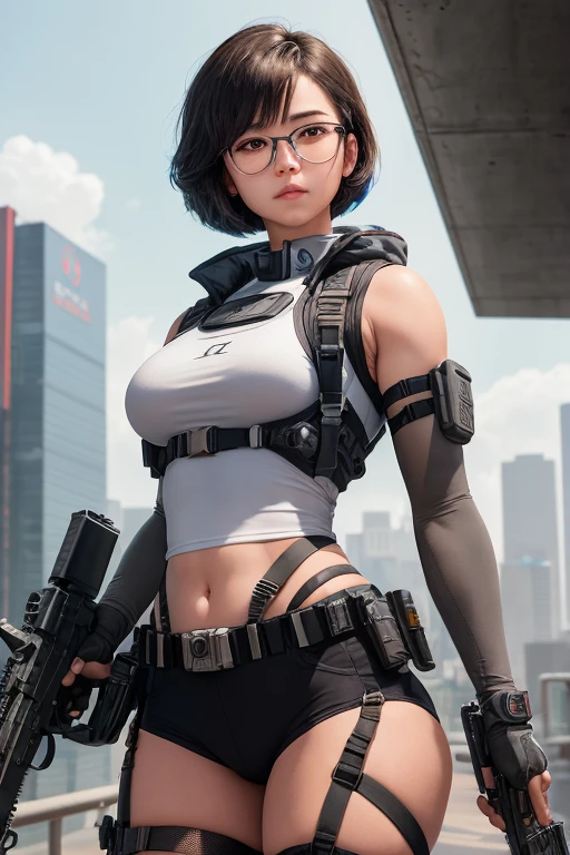 A masterpiece of realistic art, showcasing a 16K high-definition image of a determined girl in a combat pose. Wisps of smoke from the MP5 sub-rifle she holds add to the gritty, photorealistic scene. The South Korean city street background, filled with vibrant colors and modern architecture, sets the stage for this top-quality artwork. Her short bob haircut, framing her face, is as detailed as the defined muscles etched into her body. Her expression is intense, her fingers concealed by the rifle grip, with a military harness strapped across her shoulders. She wears a shirt under her gray mecha, gloves, round glasses perched on the bridge of