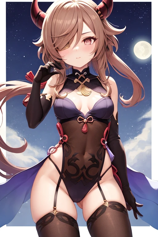 My genshin impact oc, brown hair, stars, moon, brown hair, desert outfit, black horns with pink outlines, hair covering 1 eye