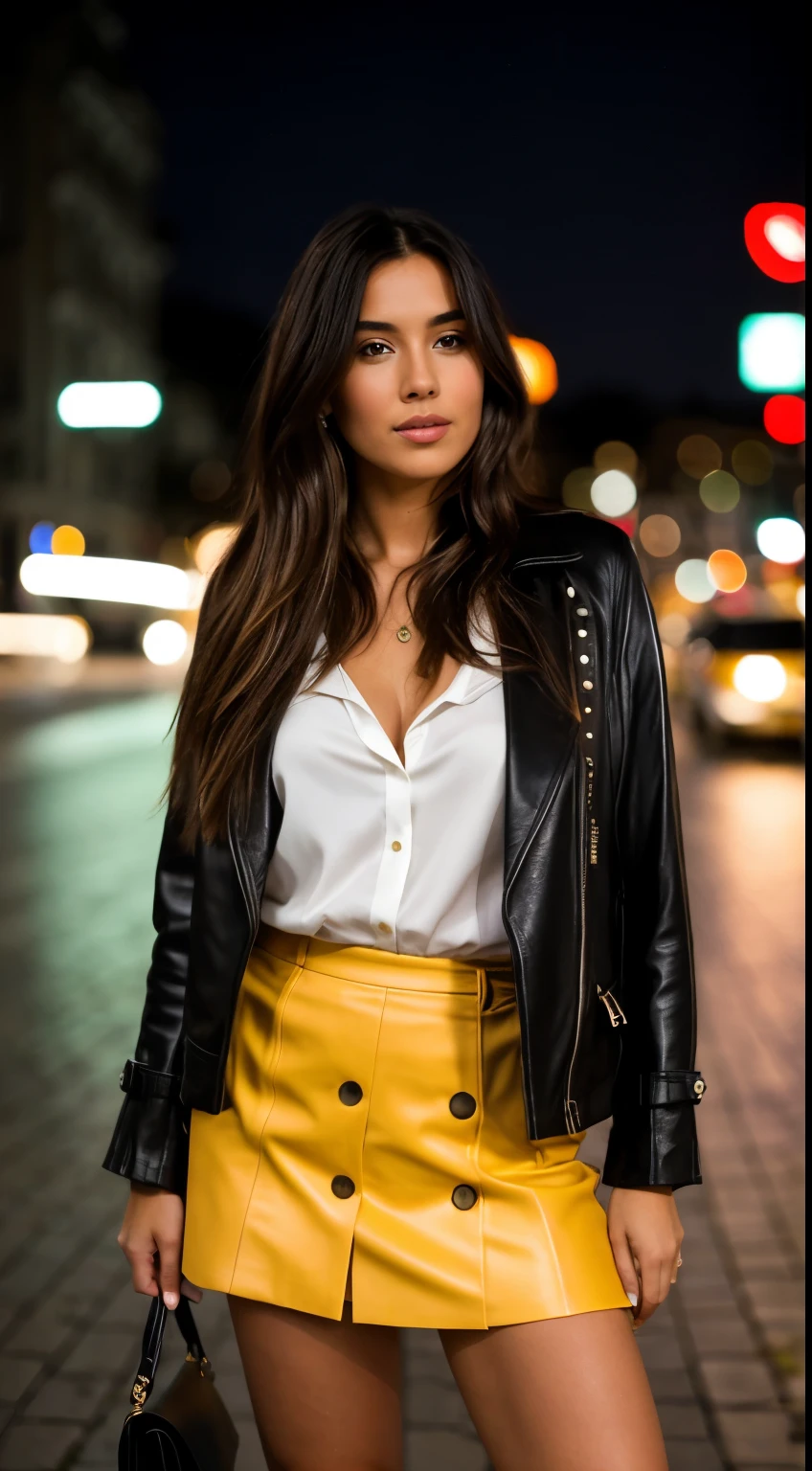 A 29-year-old blonde woman, ((pechos grandes)), ((hiperrealismo)), black hair with light brown roots. cabello rubio, Hair with brown roots, cabello extra largo, cabello muy largo, really long hair, Beautiful, full body, elegant jacket and mini skirt, escotada, photo in the night city, with rain, high quality light, cleavage, italian, with sony alpha 6000,