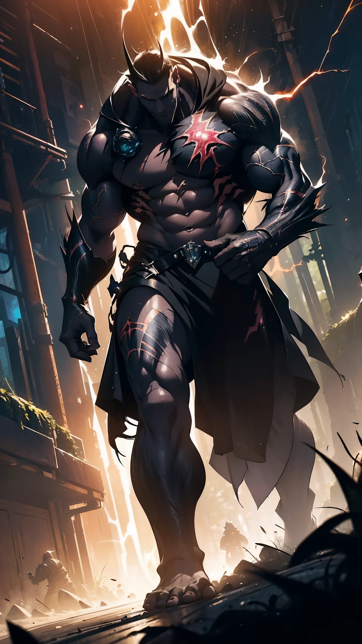 (high quality, 4k, ultra-detailed, realistic, vivid colors, bokeh), (monstrous creature:1.1, dark atmosphere), lightning bolts, abominable being, deep darkness, highly detailed, interplay of light and shadows, particles