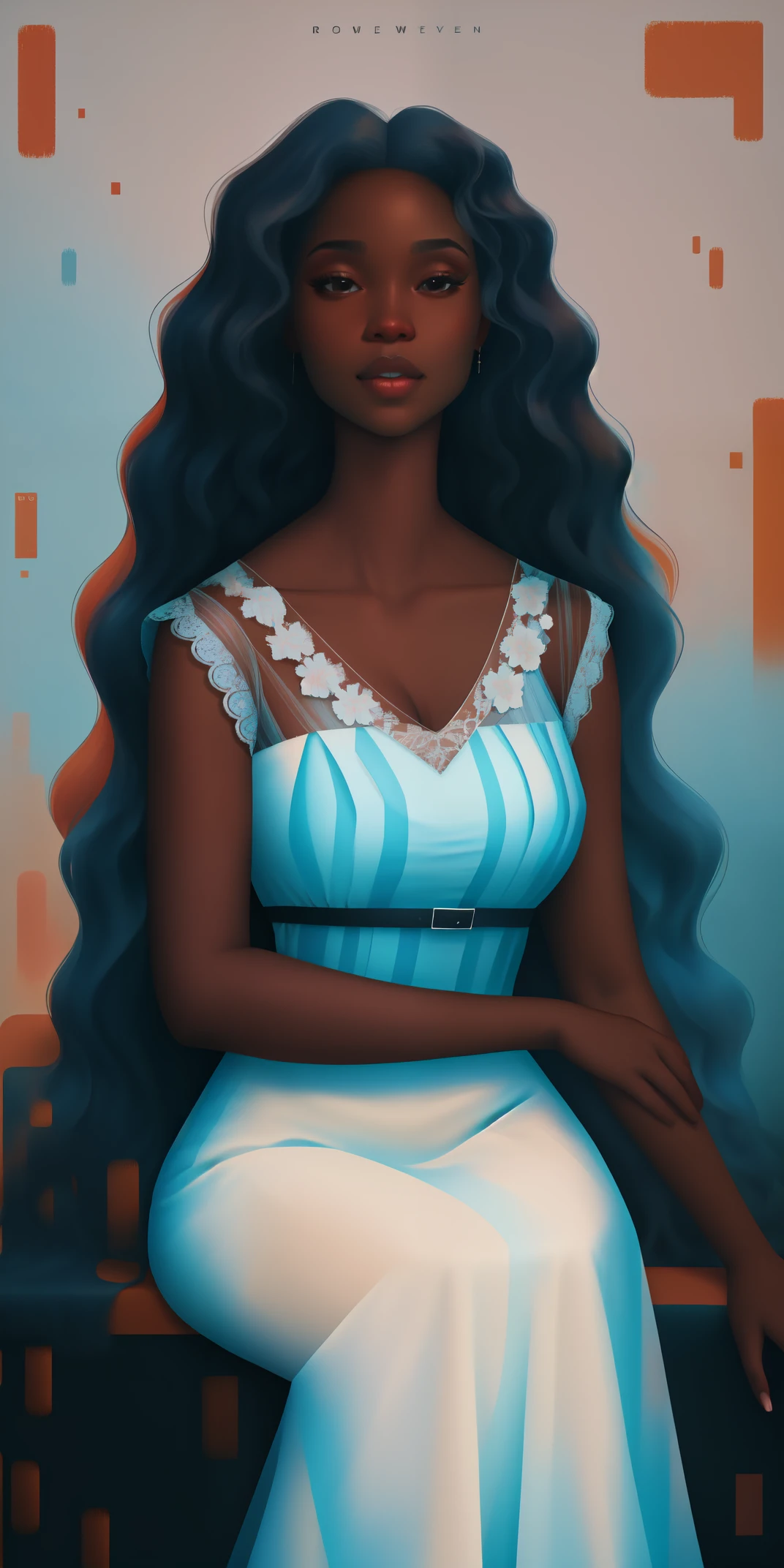 A Congolese black woman with rich dark brown skin, content expression, beautiful, 1woman, intricate detail, long wavy hair, beautiful fitted sheer lace blue dress, abstract accents in the background