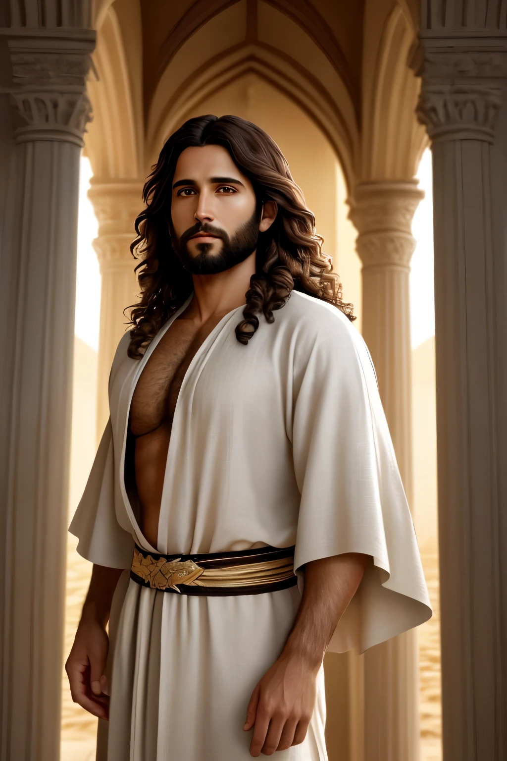A profound and captivating portrait of Jesus, the divine Savior, a 33-year-old man with Hebrew origins, possessing short curly brown hair and a long lush brown beard. The scene captures Him in a serene moment, with an open-armed gesture, wearing a long flowing linen tunic that reveals a hint of his chest. The exquisite detailing brings the image to life, with a realistic and textured rendering in sharp focus against a celestial background. This stunning masterpiece elicits a sense of spiritual intimacy and transcendence, compelling the viewer to contemplate the depth of Jesus' divine essence. Bringing to mind the great works of Diego Vel