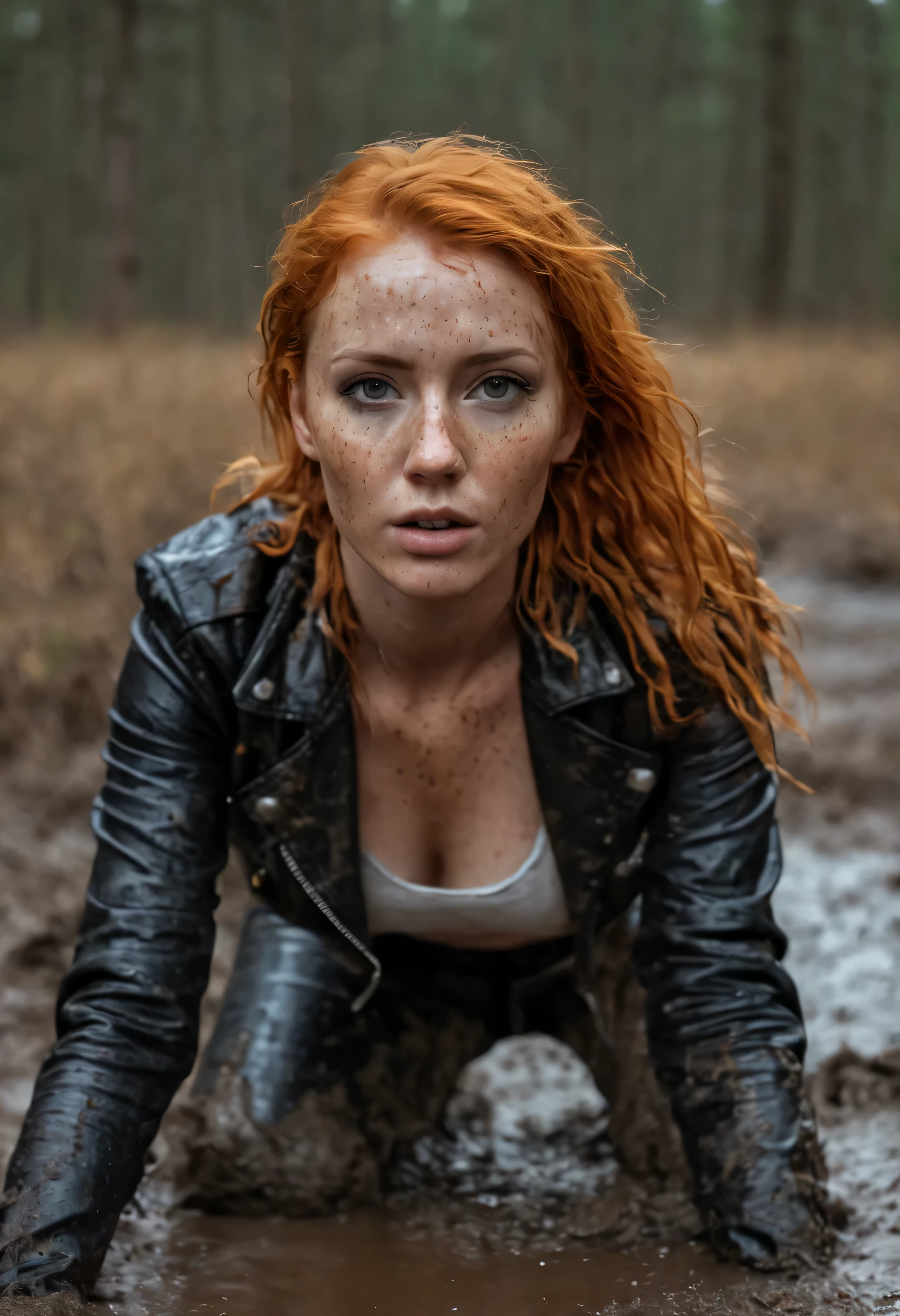 ultra-realistic photography of orange-haired woman with freckles in leather jacket and denim jeans in sexy strip-dance while drowning in forest muddy bog,in mud bath,shameful fetish session with desperation and ecstasy, masturbation sexual self-pleasure:1.2, stoic cinematic 4k epic detailed 4k epic detailed photograph shot on kodak detailed bokeh cinematic, detailed face, natural skin texture,full body