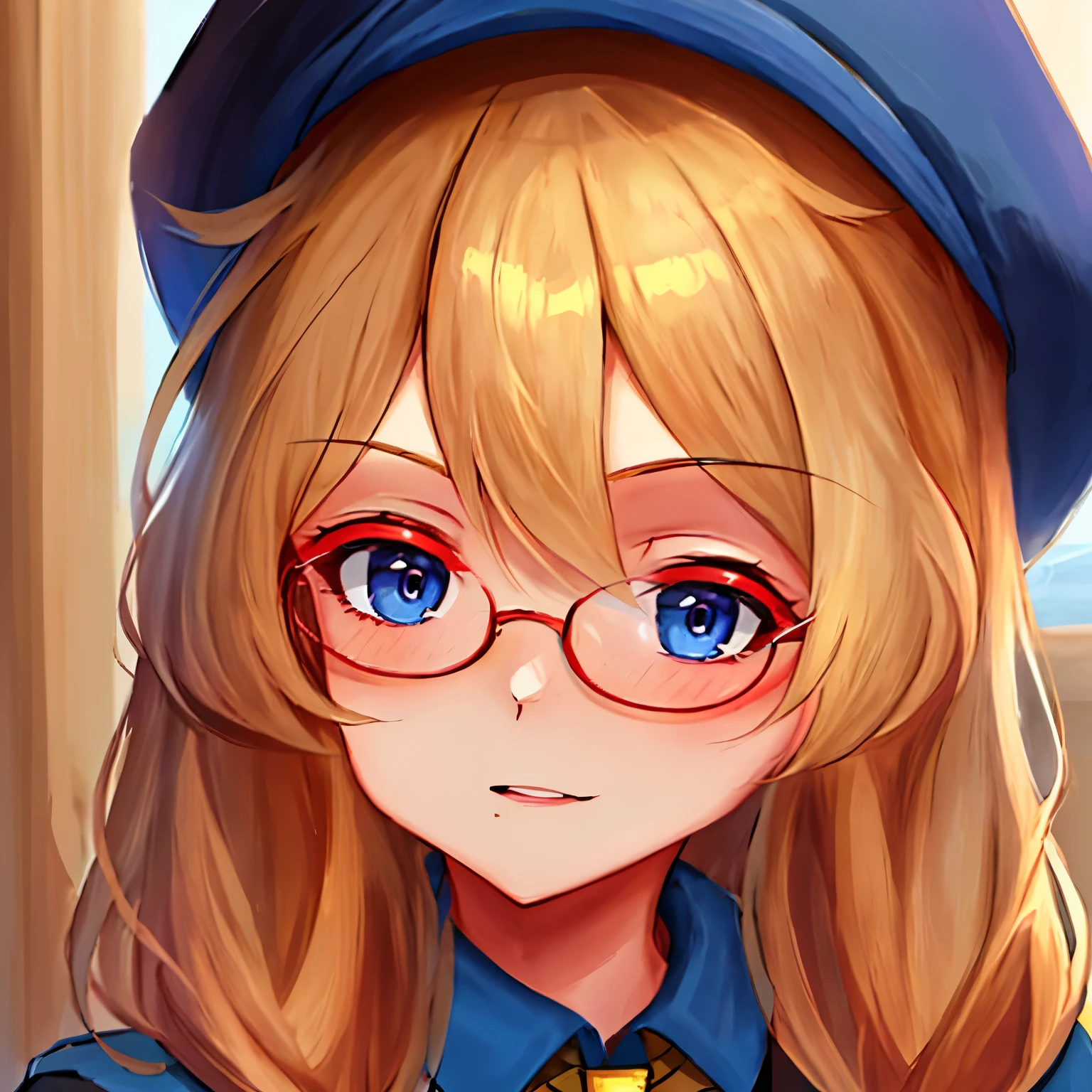 blonde hair, blue eyes, round glasses, fair skin, and freckles on her face. The girl is wearing a brown hat with shades of dark blue and deep red. Her outfit should also be brown, with tones of dark blue and deep red, coordinating with the colors of the hat. The overall style should be a harmonious blend of warm and earthy tones. Emphasize the details of the hat, including its shape and color variations. Feel free to add subtle shading to enhance the depth of the illustration. The goal is to capture a charming and coordinated look for the character based on the provided description