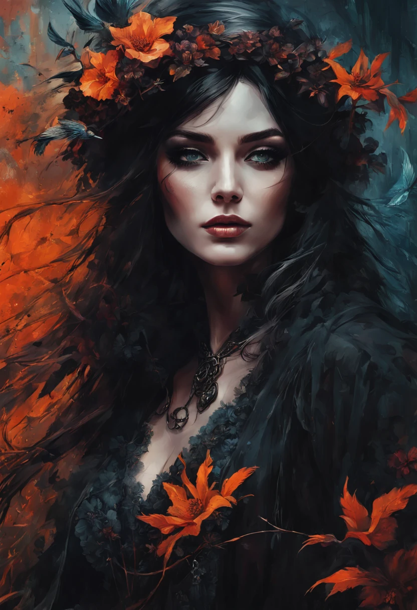 ~*~Breathtaking~*~ cinematic realistic close-up shot in a movie scene, vibrant colors, highly detailed, presented in cinemascope, creating a moody atmosphere.
Surreal Witchcraft: An abstract character portrait of a master beautiful and fascinating witch, with her face surrounded by intricate dark flowers, birds and other surreal elements, by Russ Mills
