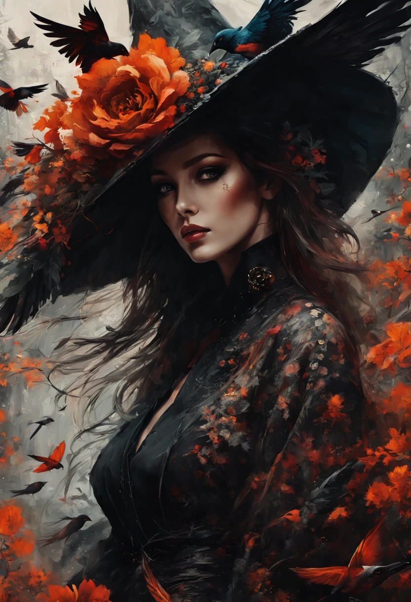 ~*~Breathtaking~*~ cinematic realistic close-up shot in a movie scene, vibrant colors, highly detailed, presented in cinemascope, creating a moody atmosphere.

Surreal Witchcraft: An abstract character portrait of a master beautiful and fascinating witch, with her face surrounded by intricate dark flowers, birds and other surreal elements, by Russ Mills