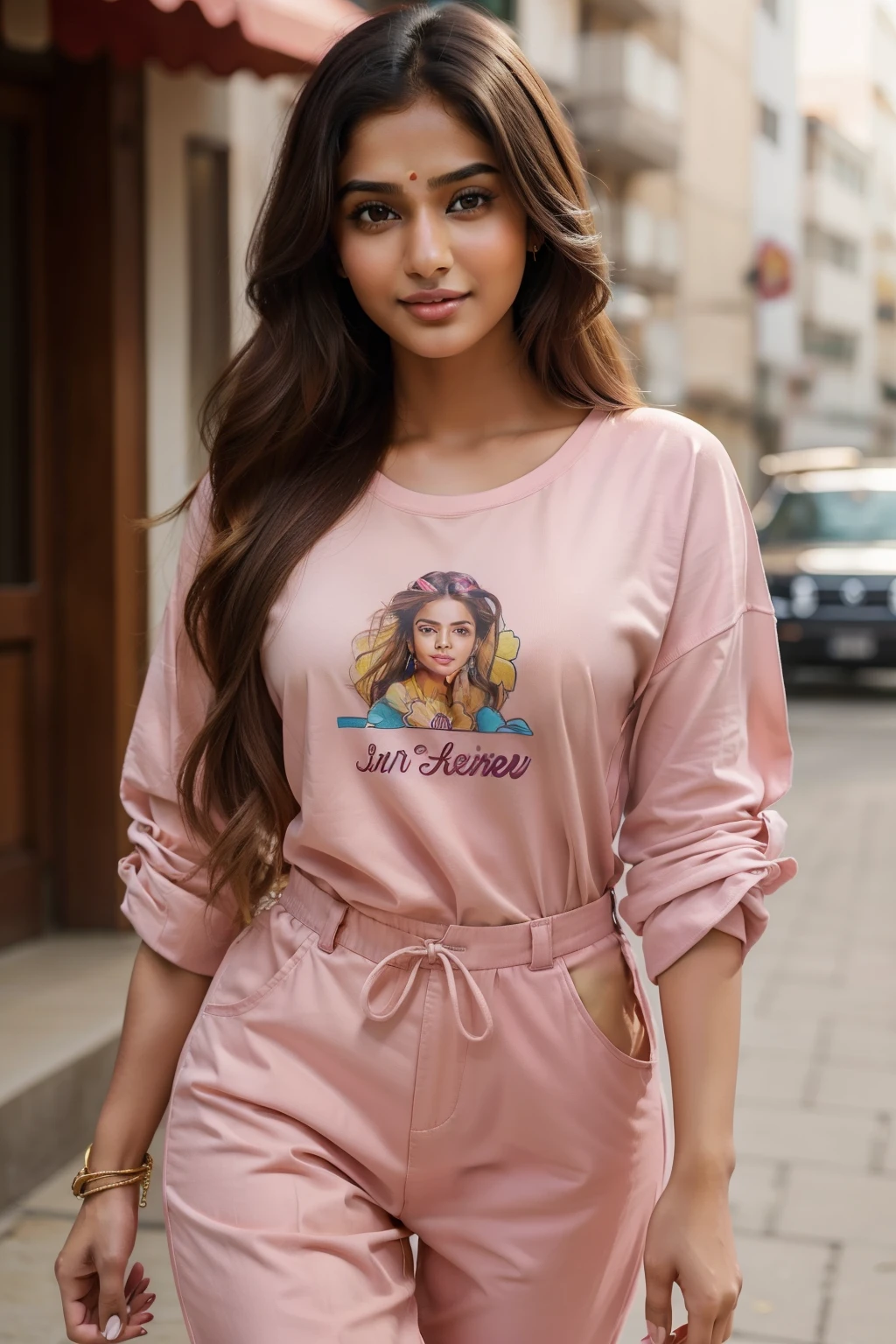 Lovely and cute young Indian girl, with captivating brown eyes, embodies the essence of attractiveness as a 23-year-old gorgeous actress. Her unequivocal charm radiates as an Instagram model, boasting long blonde hair adorned with vibrant colors, perfect for the winter season. Dressed in a bright pink t-shirt and matching pants, her overall aesthetics exude a delightful aura of allure and charisma. Realistic, high-quality depiction.
