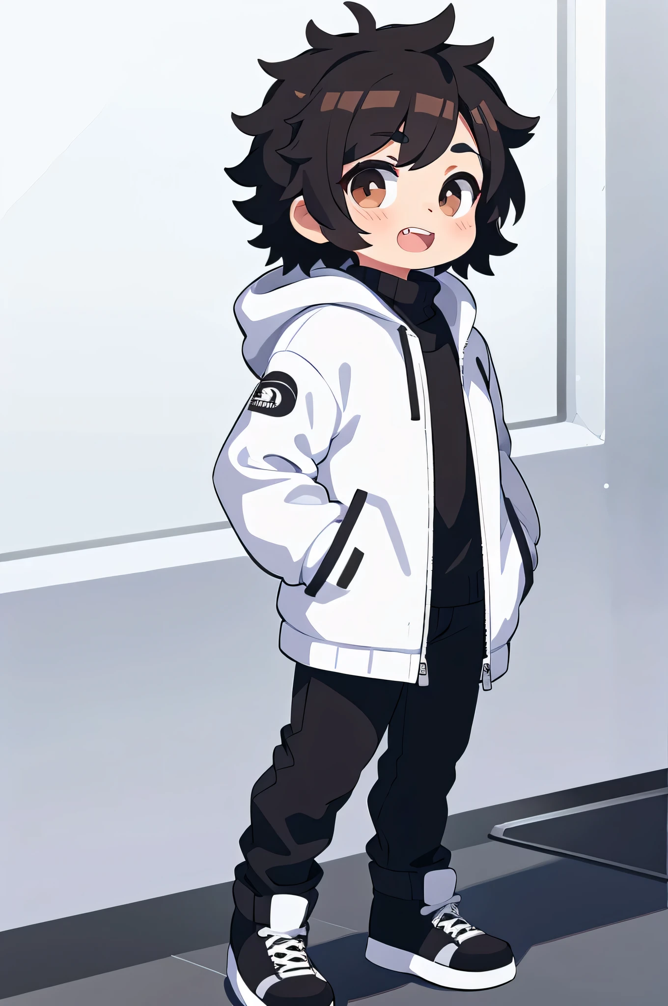 1 person, shota, standing, short curly hair, wearing The North Face white and black long winter jacket, Black jeans, white and black winter sneakers, Brown hair, Brown eyes, fangs, a high resolution, masterpiece