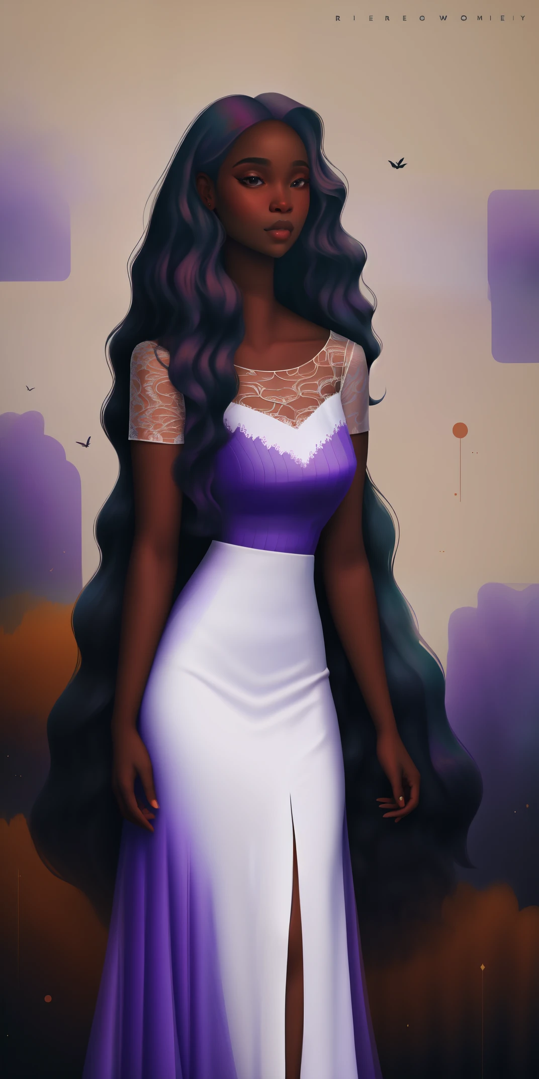 A Congolese black woman with rich dark brown skin, content expression, beautiful, 1woman, intricate detail, long wavy hair, beautiful fitted sheer lace purple dress, abstract accents in the background