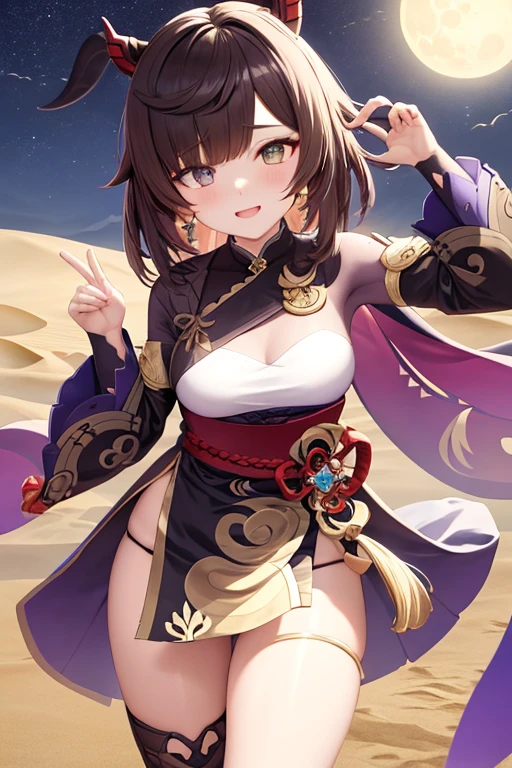 My genshin impact oc, brown hair, stars, moon, brown hair, sumeru desert outfit, black horns with pink outlines, hair covering 1 eye