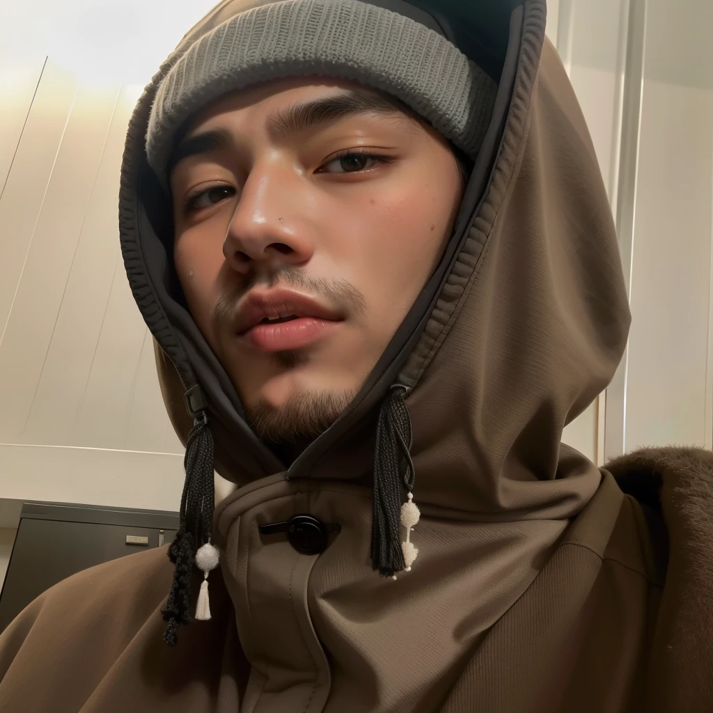 there is a man wearing a hat and a hood, em um moletom, Jimin\the right eyelid is swollen, imagem de perfil, bladee da gangue de drenagem, headshot imagem de perfilture, vestindo um moletom, vestindo um capuz, Hong junho hyung, asian man, taejune kim, inspirado em jeonseok lee, water dripping off him, rosto perfeito e garoto