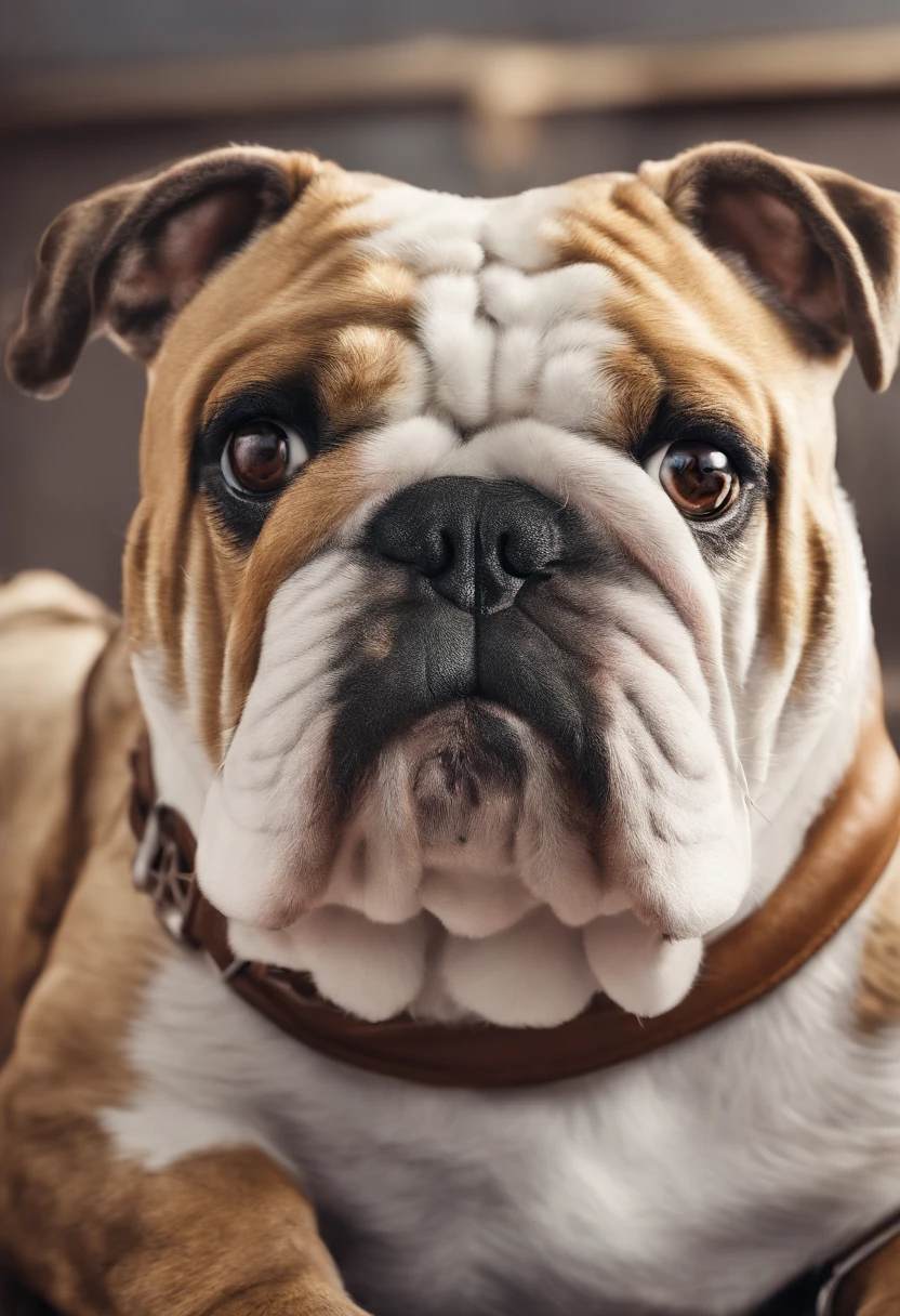 um lindo cachorro Bulldog，peludo，Working in an office，fotorrealista， detalhes finos, A high resolution,Perfect dynamic composition