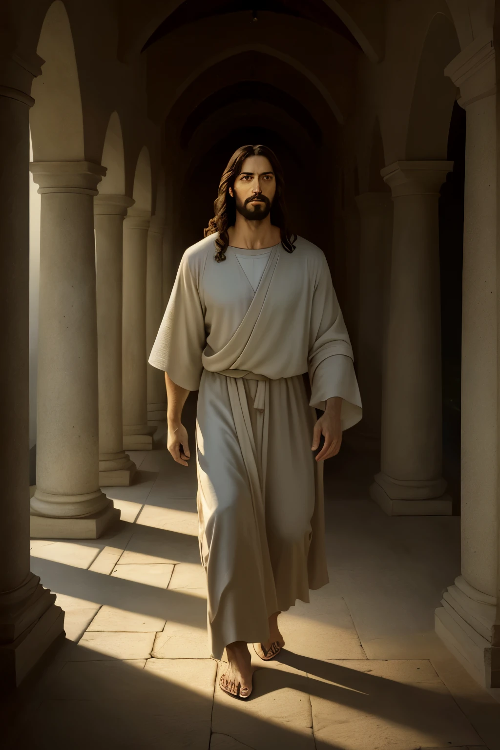 A realistic depicted scene of Jesus walking with a calming and serene expression, 4k resolution, soft lighting, gentle shadows, peaceful ambiance, soothing colors, impressionistic style, intricately detailed, tranquil atmosphere.