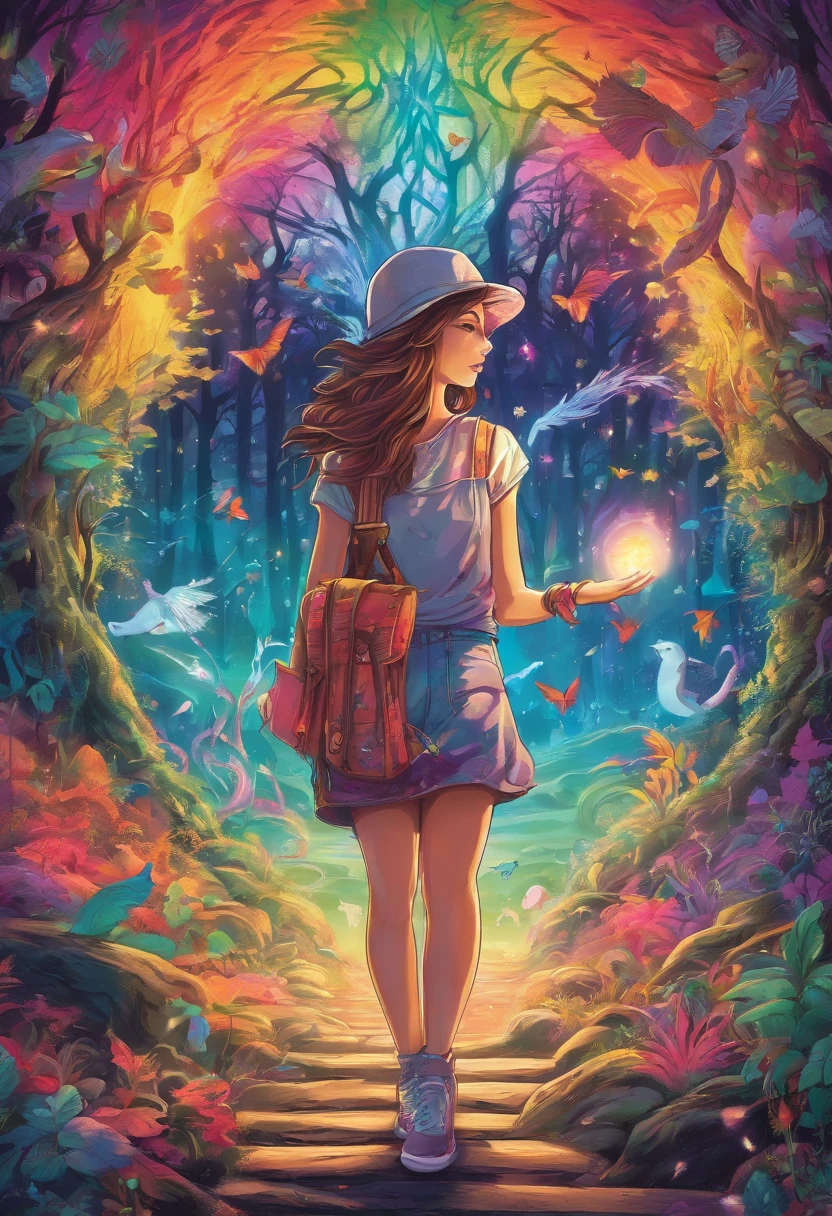 girl casting mystical glowing spells in fantasy rainbow forest