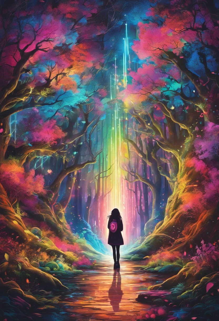 girl casting mystical glowing spells in fantasy rainbow forest