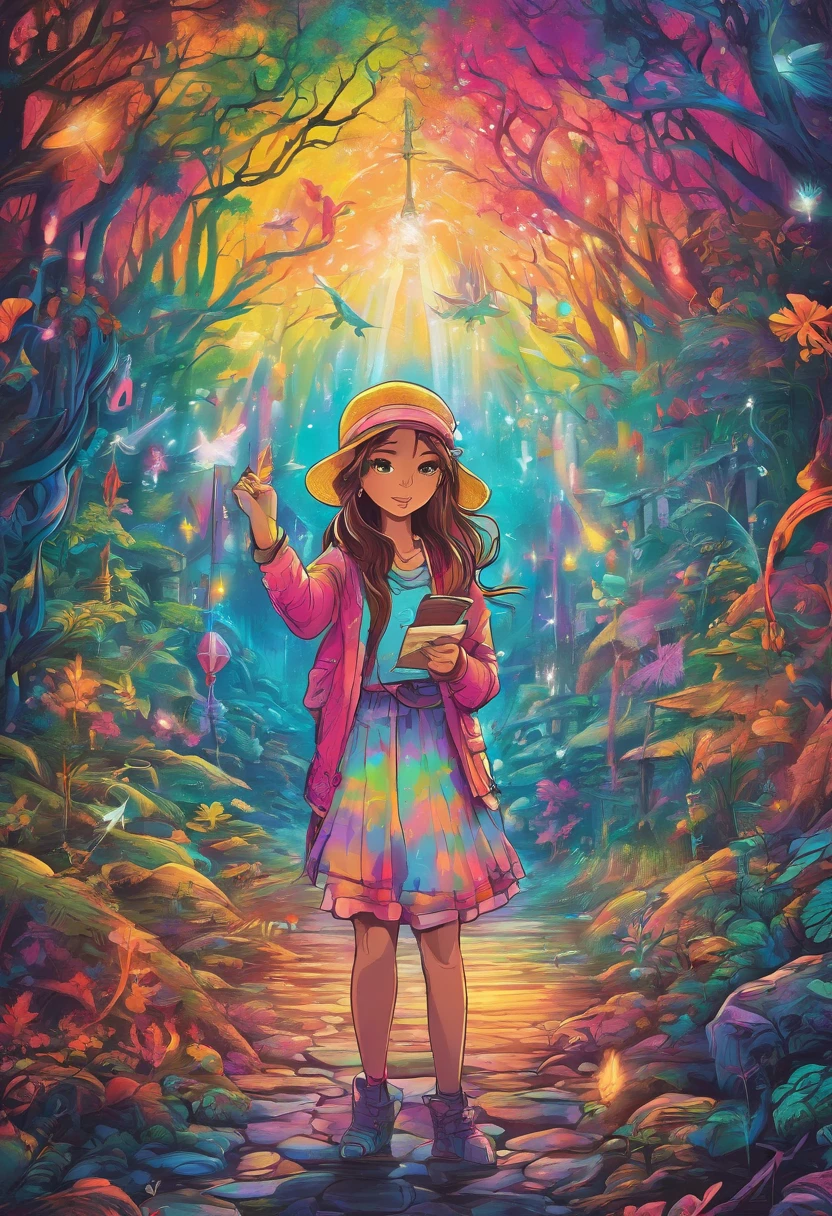 girl casting mystical glowing spells in fantasy rainbow forest