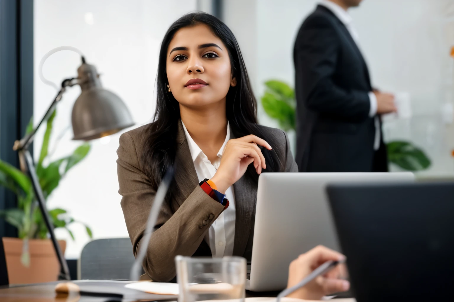  (Potrait), (fair indian), (wearing Business Professional dress), (best quality,hd,portrait:1.2),Detail photograph of a south indian business woman, wheatish skin, smart, ultra-detailed, professional,focused, straight, looking at camera, black background, hd resolution, 8k, photorealistic, highly detailed, (cinematic:1.3), young girl, beautiful girl, looking at camera,
