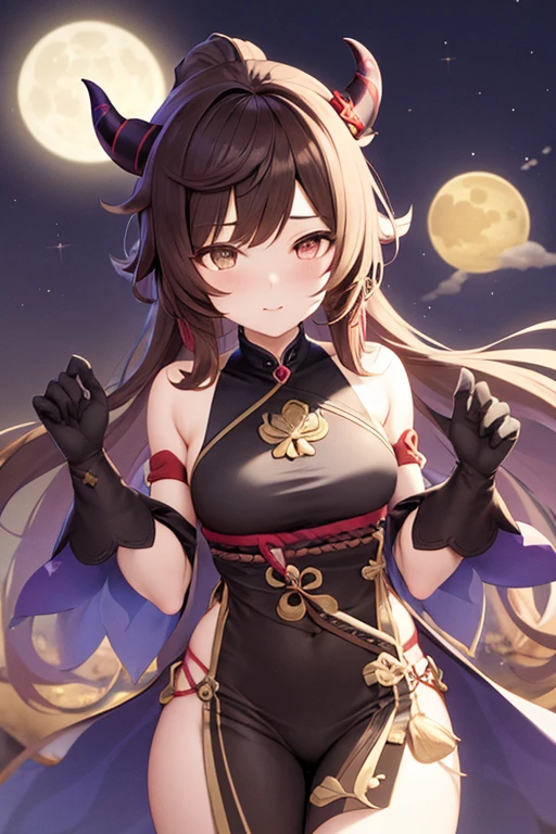My genshin impact oc, brown hair, stars, moon, brown hair, sumeru desert outfit, black horns with pink outlines, hair covering 1 eye