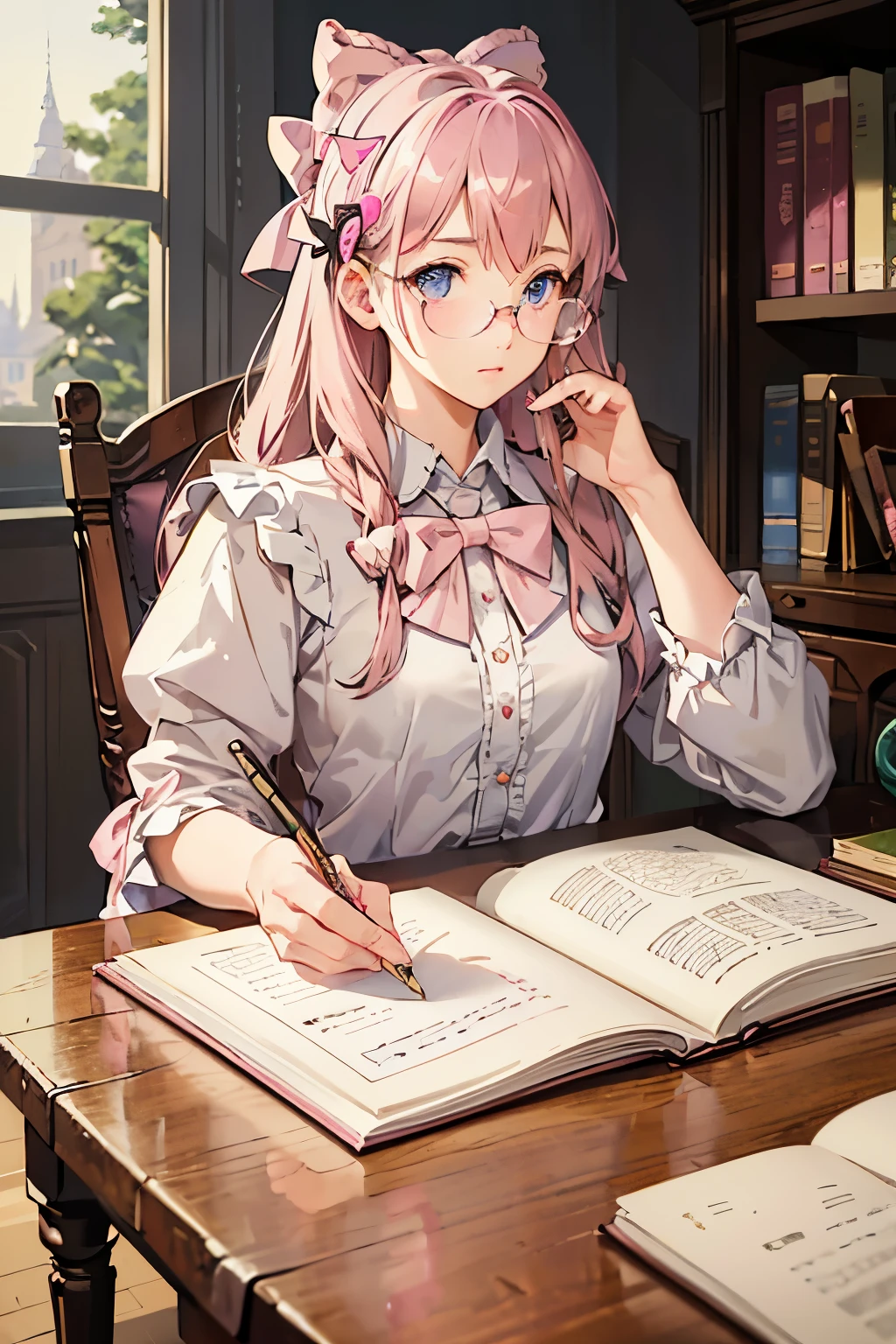 Masterpiece, one room, solo, young girl studying, spacious quarters, intricately detailed environment, realistic rendering, ultra-detailed, (glasses on nose: 1.2), absorbed in her work, long blonde hair, bright blue eyes, focused expression, soft natural light filtering through the window, high resolution, sharp focus, immaculate cleanliness, textured wallpaper, piles of books and stationery, depth of field, highly textured pencil and paper, realistic shadows, (pink bow in hair: 1.5), vintage desk and chair.