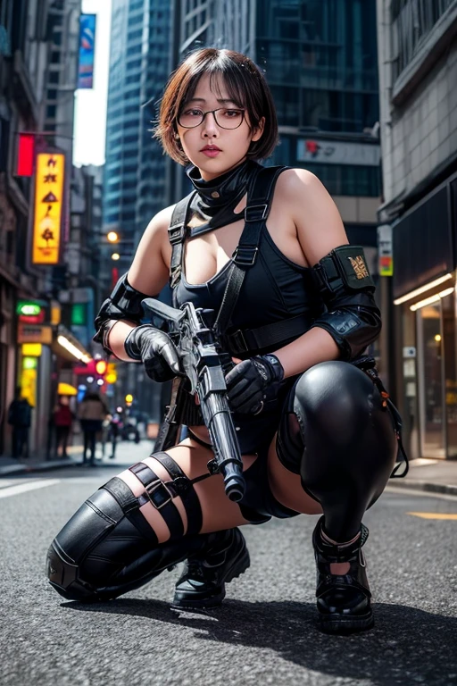 ((best quality)), (top quality)), (masterpiece), photorealistic, photorealism 16K, (16K), Fujifilm, 1girl full body, in a combat pose, aiming an MP5 sub-rifle, South Korean city street background, bob haircut, ((Fully ?????)), Highly Detailed, Photorealistic, High Resolution, Detailed Face, Looking directly at the camera, Wearing gloves, and gray mecha, Round glasses, Military harness strapped across her shoulders, Fingers concealed by the rifle grip.