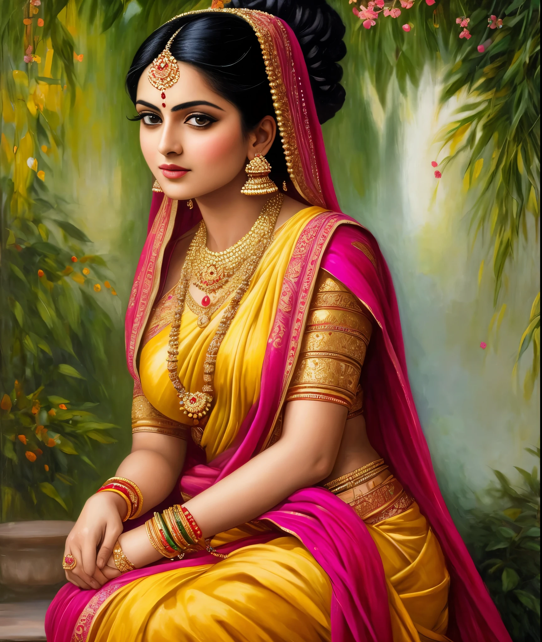 Masterpiece,8k uhd, hdr, realistic, hyper realistic, intricate, vibrant colour, painting of a woman in a yellow sari sitting on a chair, traditional beauty, inspired by Raja Ravi Varma, indian art, by Raja Ravi Varma, painting of beautiful, inspired by T. K. Padmini, painting of a woman, by Sardar Sobha Singh, gorgeous woman, oil on canvas painting, traditional painting, oil-painting