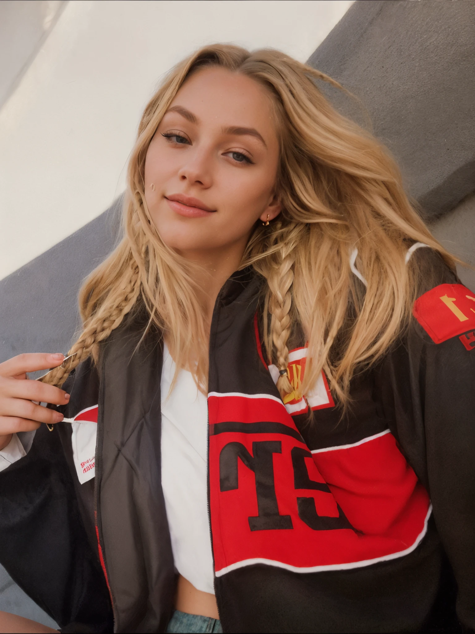 award winning glamour photograph,((best quality)), ((masterpiece)), ((realistic)), piercing eyes, looking away, very happy, blonde hair, ((quad braids)), afternoon light, slim waist, Beautiful,