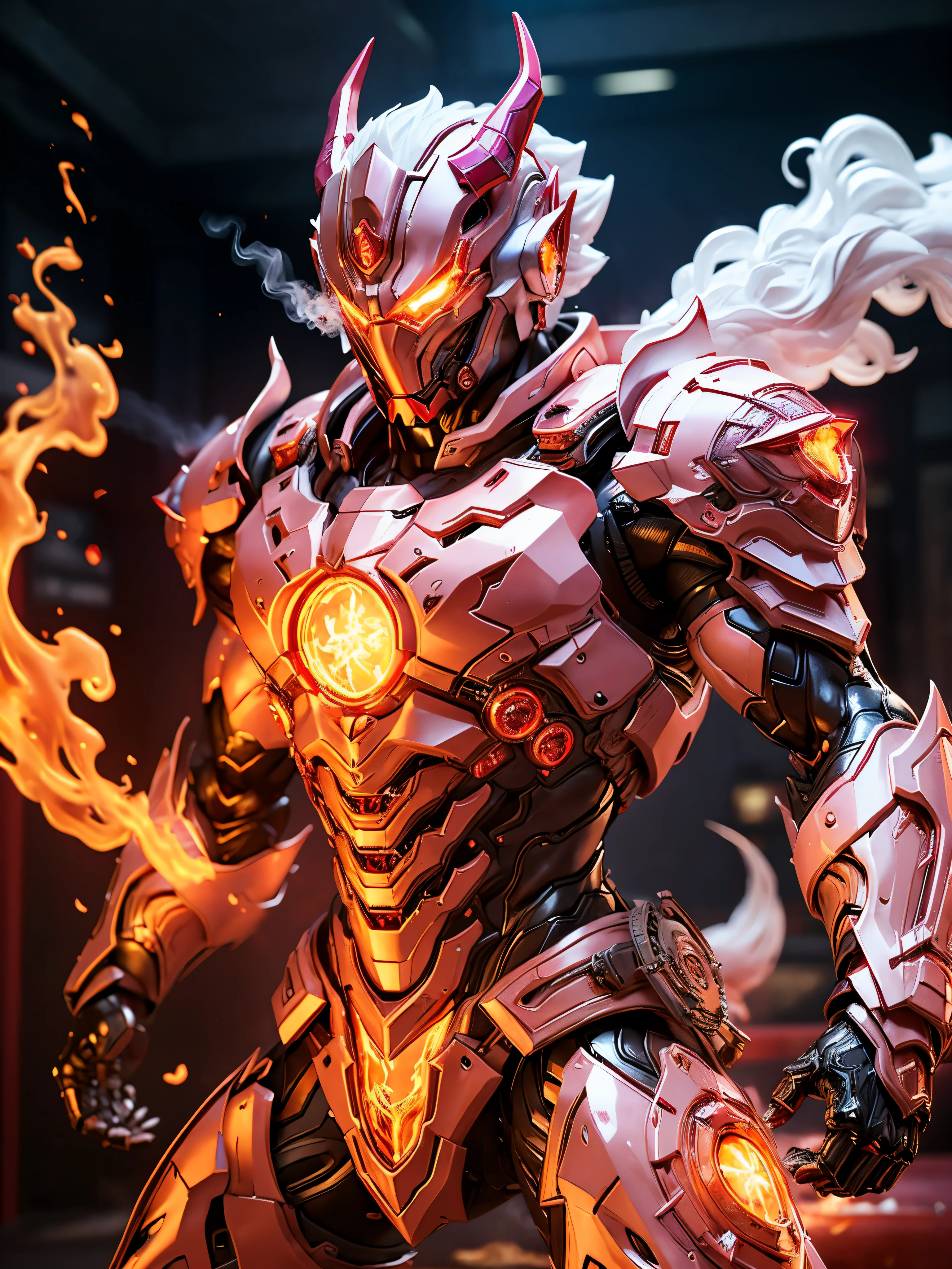 Fire-man superhero, Red:1.5), DRAGON HEAD, HEAVY CRYSTAL Fire-man ARMOR, TRANSPARANT, ABS, colourful smoke around the character