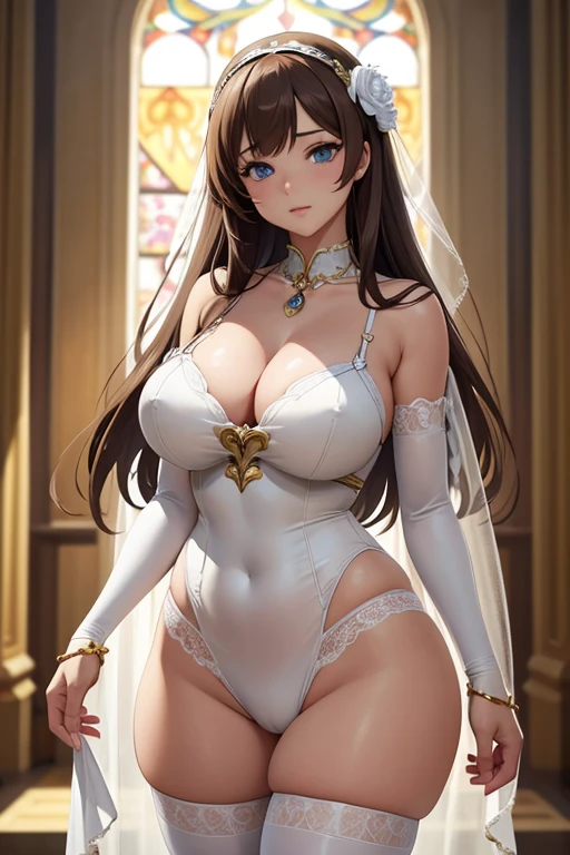 one Rebecca wearing white lingerie with gold accents, mature woman, long brown hair, blue eyes, sexy hourglass figure, standing in the Sistine Chapel, [ 4 k digital art ]!!, seductive anime girl, deviantart artstation cgscosiety, trending on cgstation, 8k high quality detailed art, photorealistic anime girl render, kawaii hq render, commission for high res, thicc